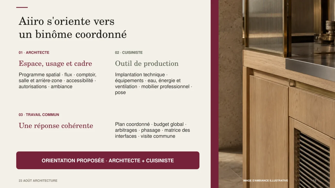 Cas pratique du salon de thé Aiiro : orientation vers un binôme architecte et cuisiniste