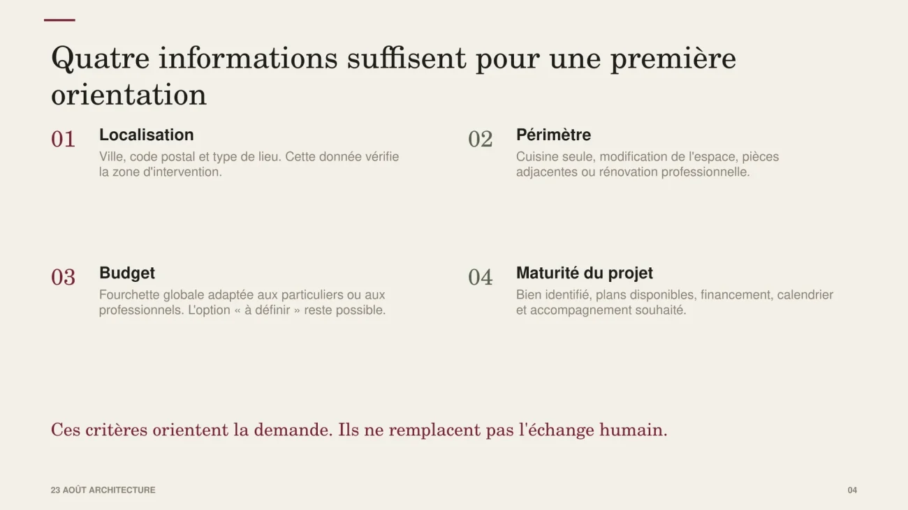 Quatre informations pour une première orientation : localisation, périmètre, budget et maturité du projet