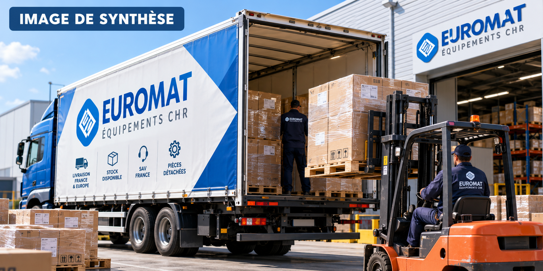 Illustration de synthèse de la logistique EUROMAT CHR : chargement de palettes dans un camion de livraison